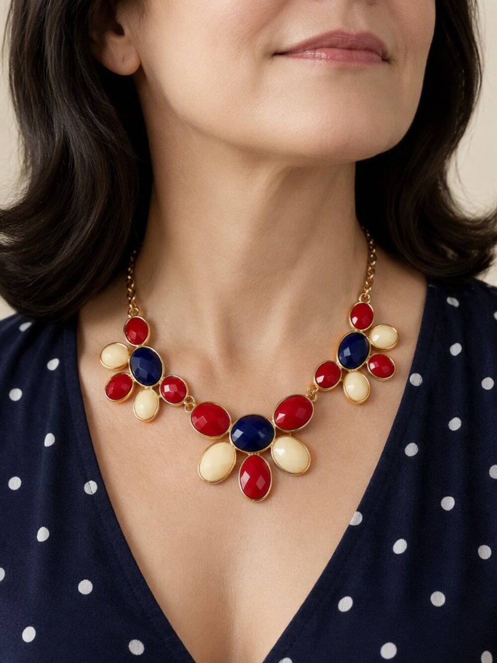 Signed Charming Charlie Red Navy & Cream Gold Tone Necklace Tile Bib Choker
